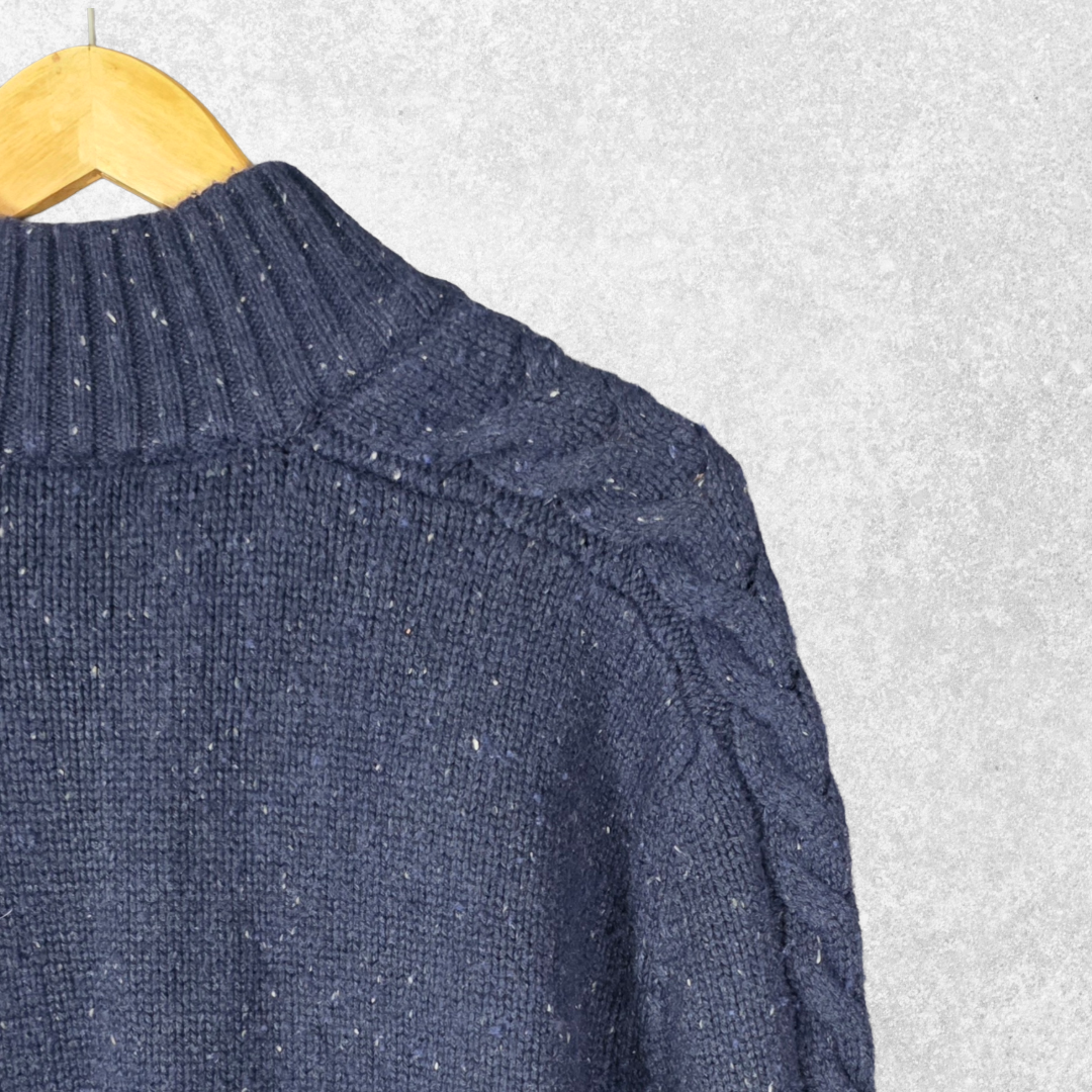 Nautica Button Neck Jumper XL Blue Fleck Knit Wool Blend Men’s Pullover