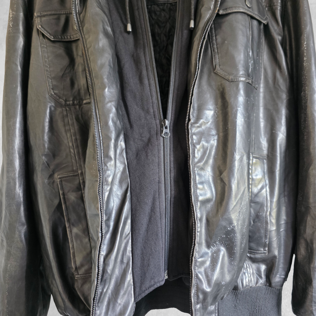 Buffalo David Bitton Faux Leather Jacket Hoodie Black XL Biker Men's