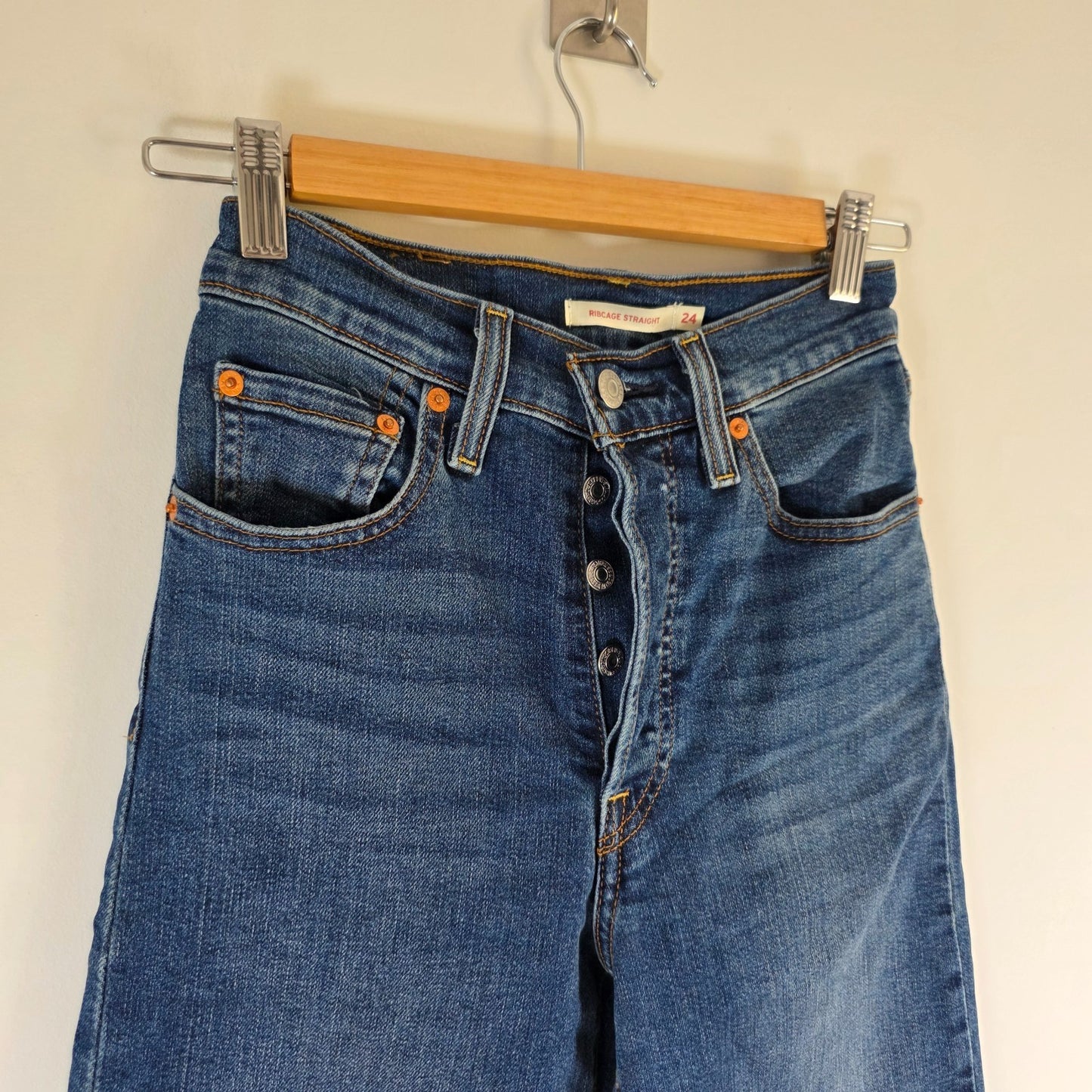Levi's Ribcage Straight Jeans Women's W24 L30 Blue High Rise Stretch Denim Butto