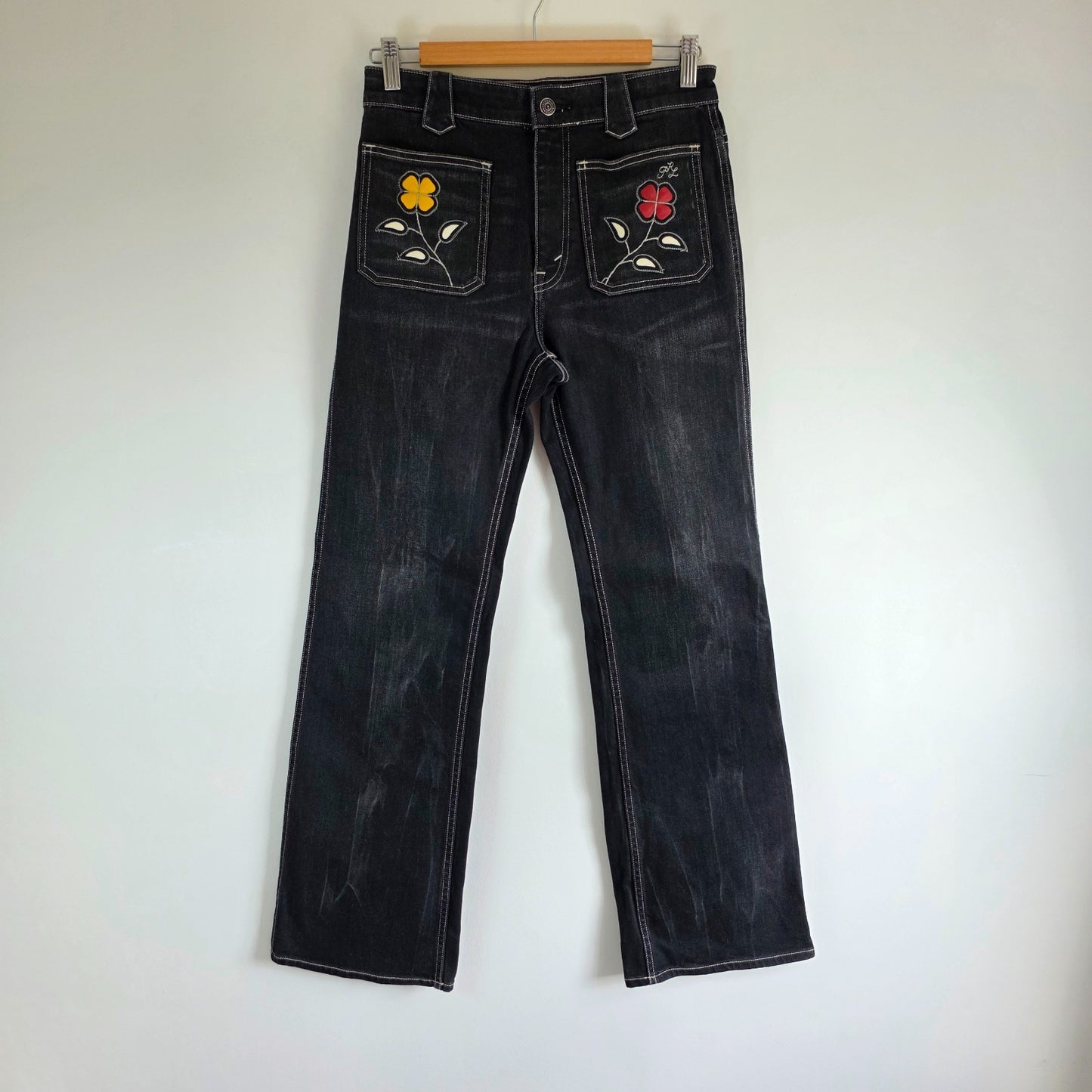 Polo Ralph Lauren Floral Pocket Bootcut Jeans W27 L30 Black Stretch Denim Y2K