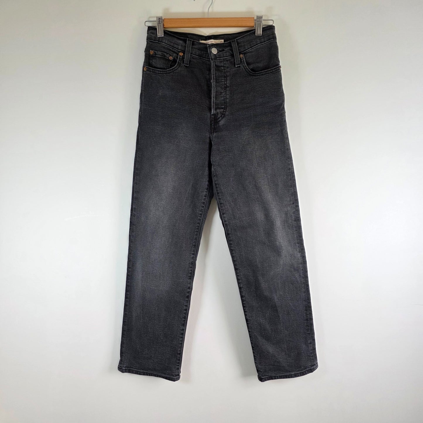 Levi's Ribcage Straight Ankle Jeans Women's W25 L29 Black Grey High Rise Stretch