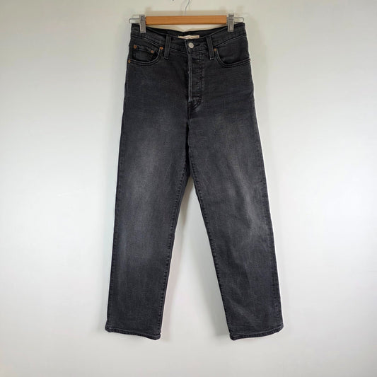 Levi's Ribcage Straight Ankle Jeans Women's W25 L29 Black Grey High Rise Stretch