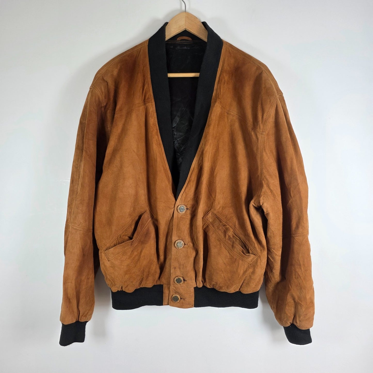 Vintage Suede Bomber Jacket Brown Mens S Leather Classic Ribbed Hem