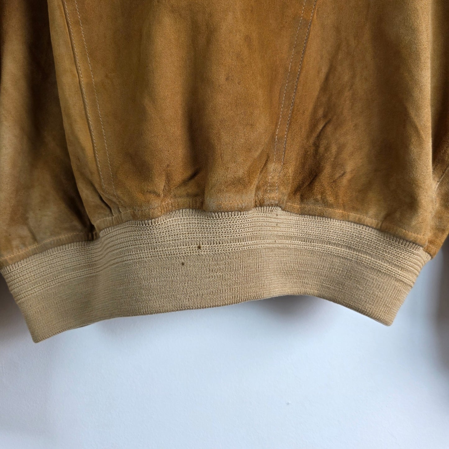 Vintage Suede Bomber Jacket Beige Mens L EU 50 Leather Classic Ribbed