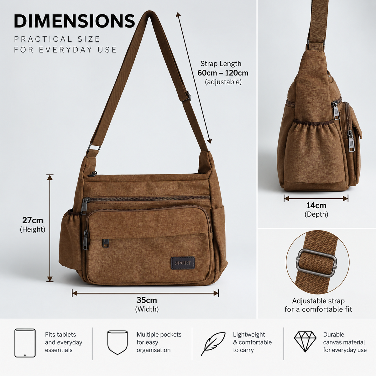 Unbranded multi pocket canvas crossbody bag with adjustable strap and various colors.