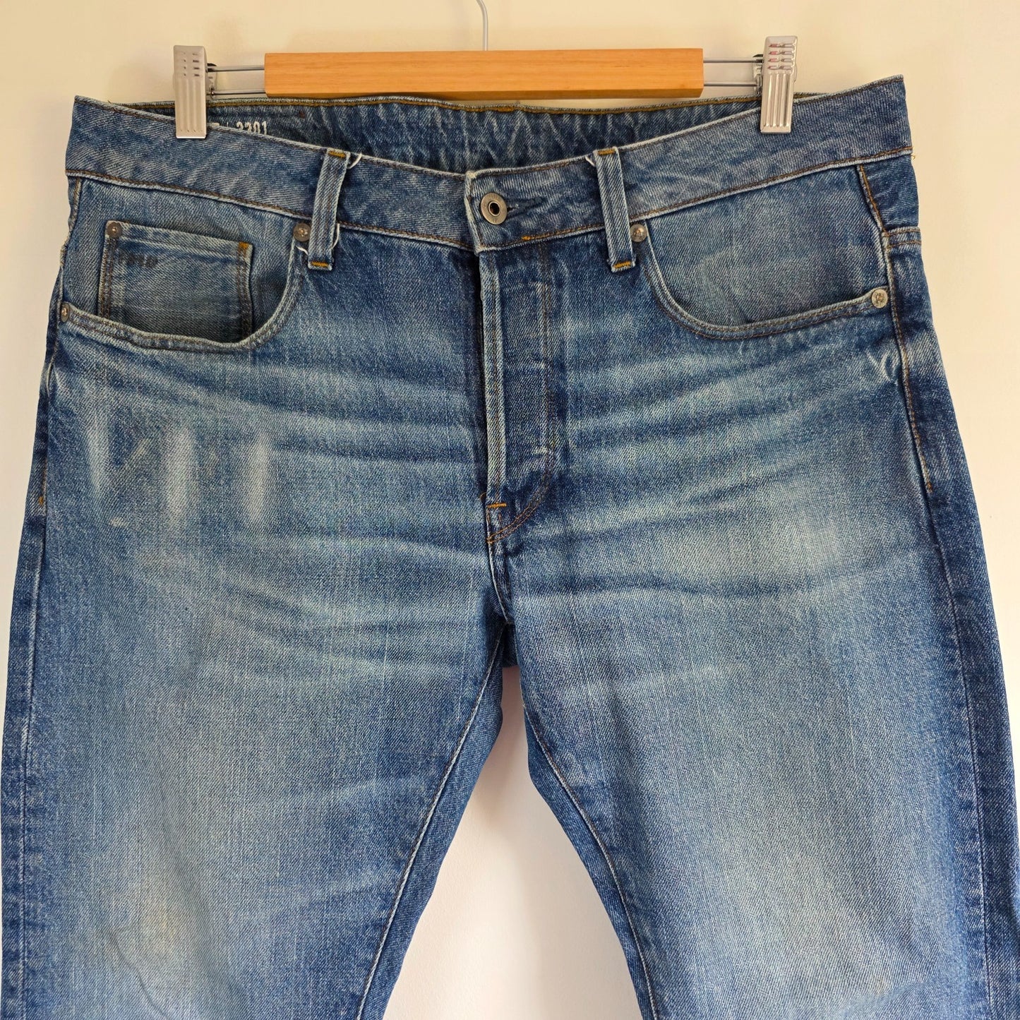 G-Star RAW 3301 Slim Jeans W36 L31 Blue Button Fly Denim Mens Casual