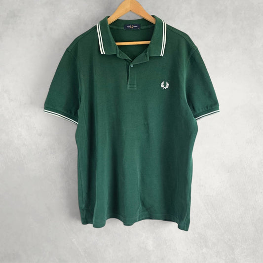 Fred Perry Twin Tipped Polo Shirt Mens XL Green Cotton Classic Mod Preppy