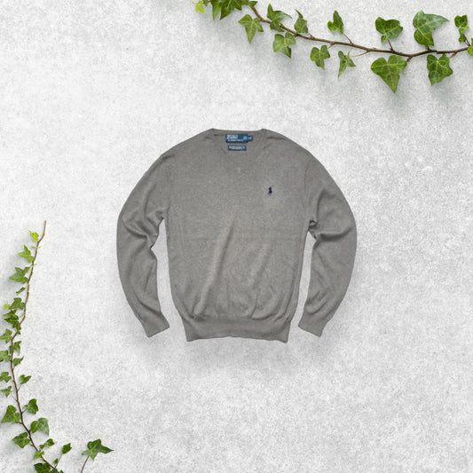 Mens POLO RALPH LAUREN Grey 100% Pima Cotton Lightweight V Neck Jumper Small