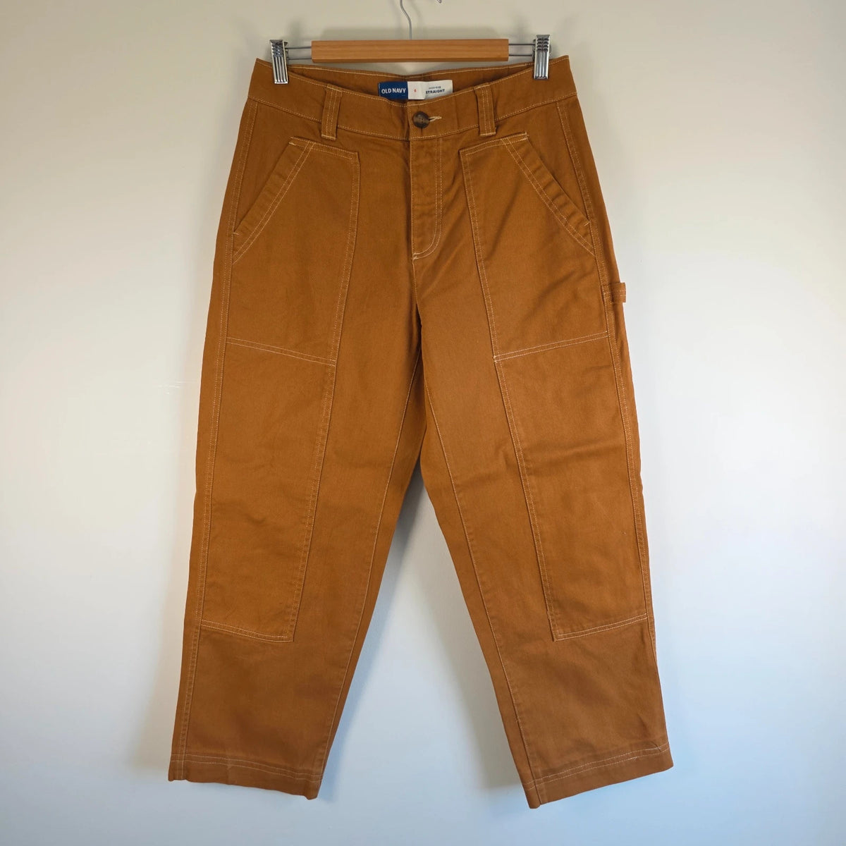 Old Navy brown straight jeans with utility details, contrast stitching, and hammer loop.