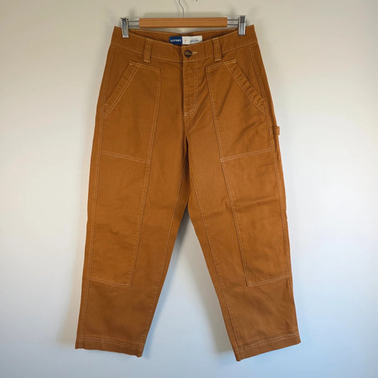 Old Navy brown straight jeans with utility details, contrast stitching, and hammer loop.