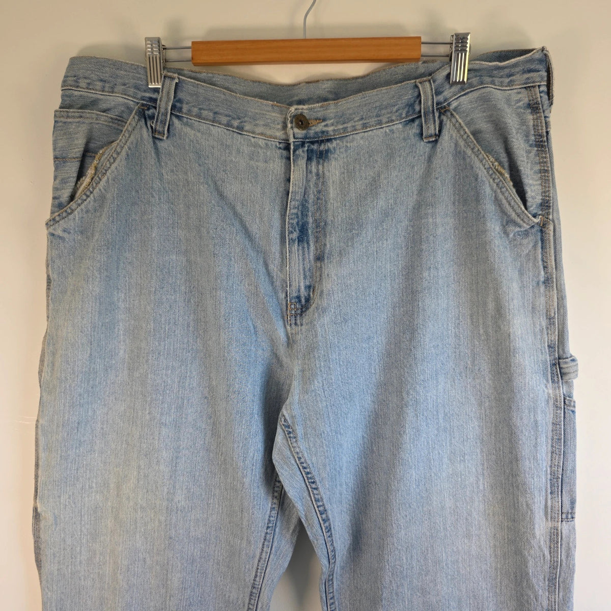 Faded Glory blue straight jeans with utility pockets and hammer loop in light washed denim.