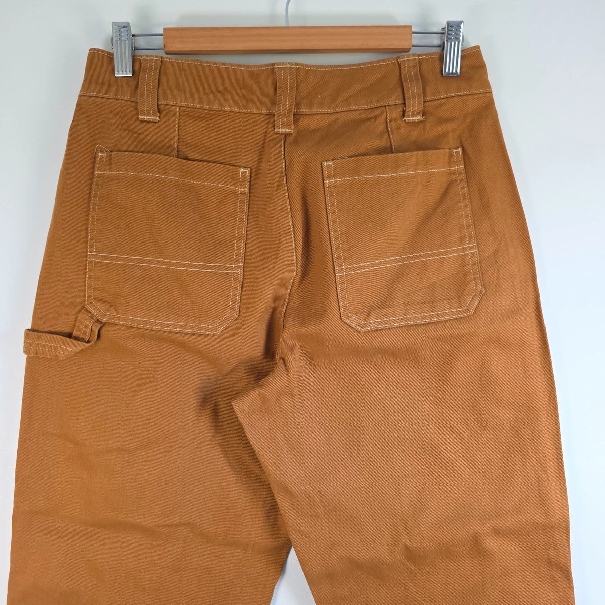 Old Navy brown straight jeans with utility details, contrast stitching, and hammer loop.