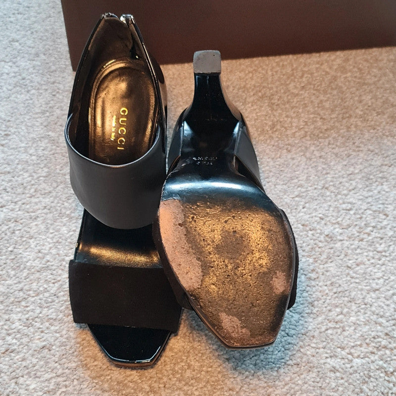 Gucci Black Suede Strappy High Heels with Open Toe Size 4.5