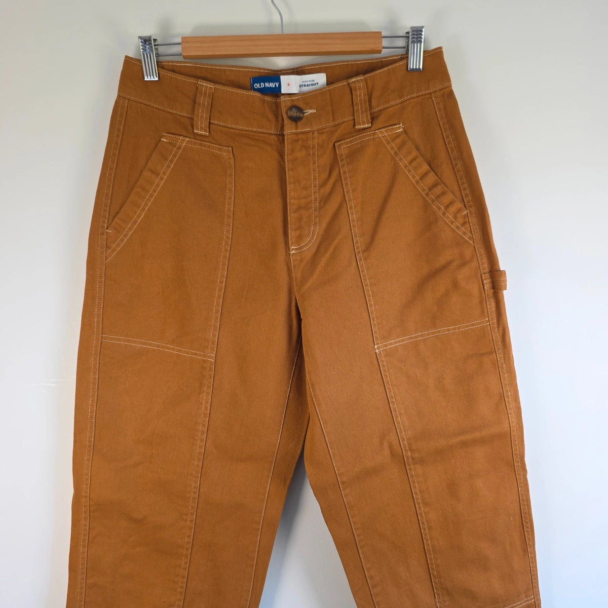 Old Navy brown straight jeans with utility details, contrast stitching, and hammer loop.