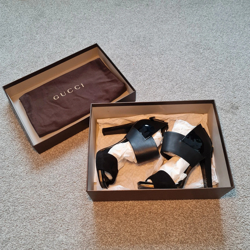 Gucci Black Suede Strappy High Heels with Open Toe Size 4.5