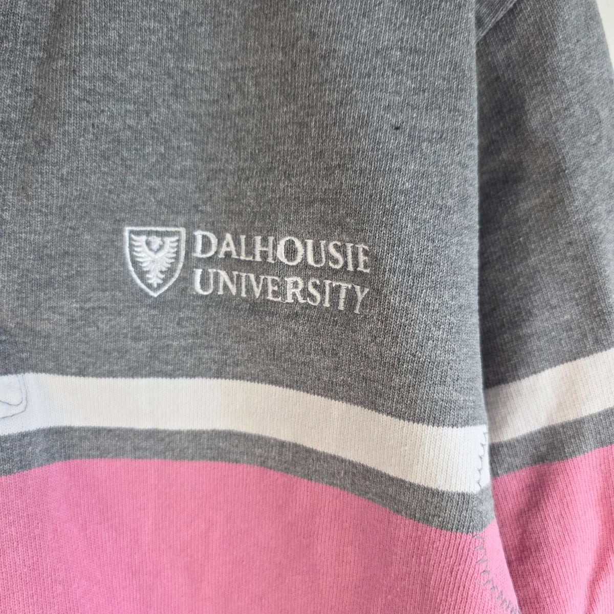 Barbarian Rugby Wear grey and pink rugby polo with Dalhousie University logo, 100% cotton.