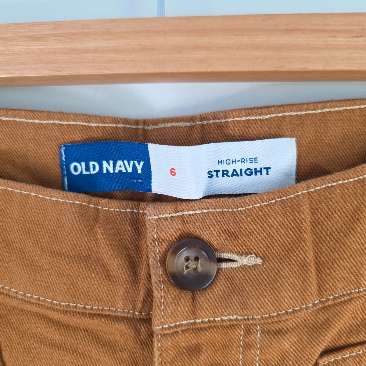 Old Navy brown straight jeans with utility details, contrast stitching, and hammer loop.