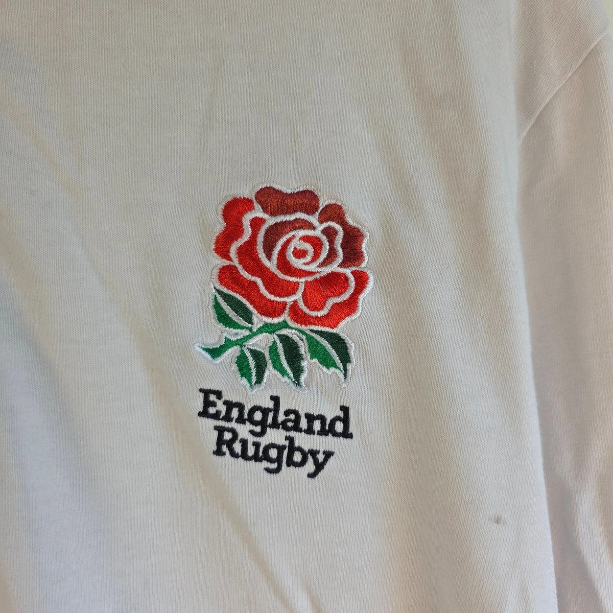 England Rugby white long sleeve polo shirt with rose logo and rugby jersey style.