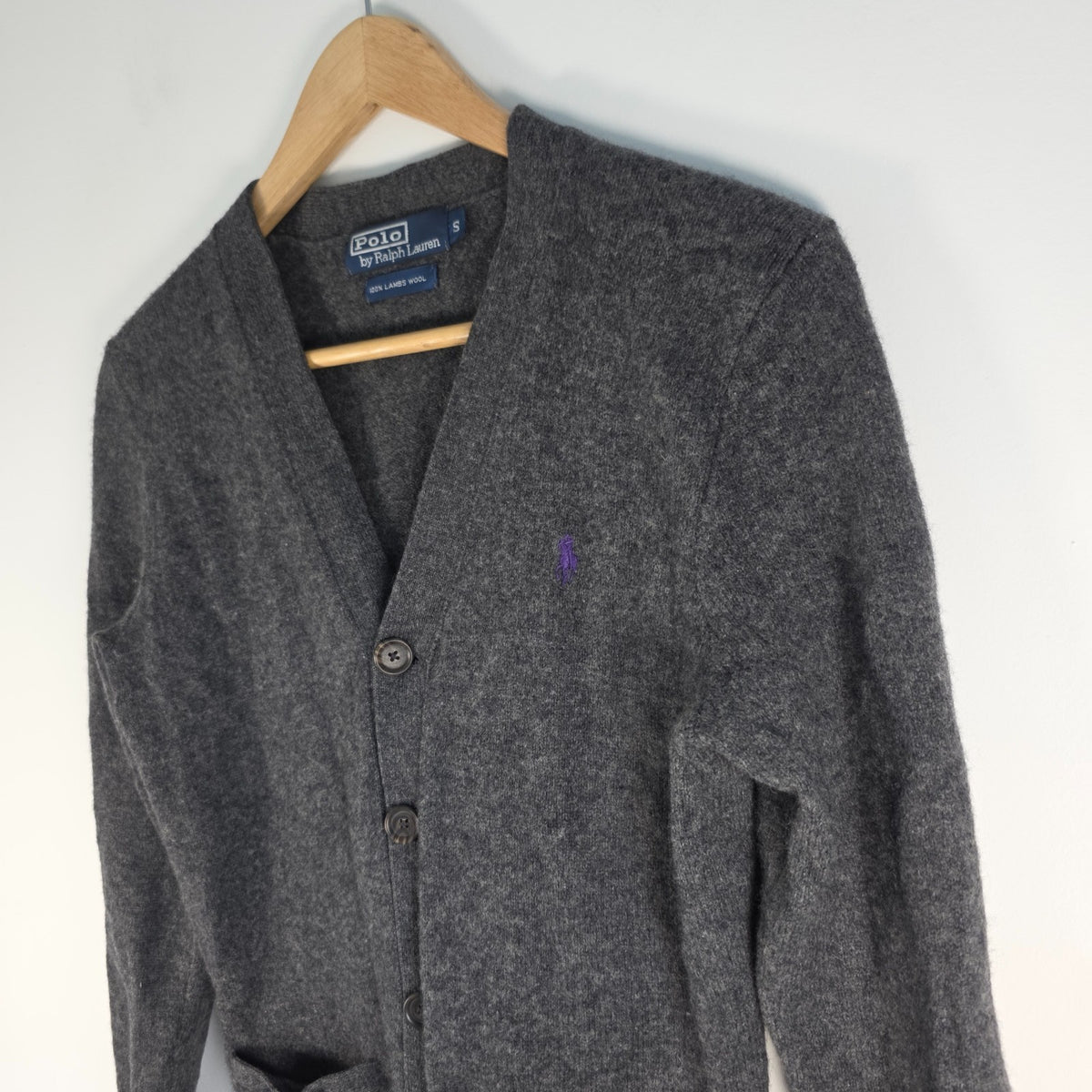 Polo Ralph Lauren grey cardigan 100% lambswool V-neck with purple embroidered pony logo.