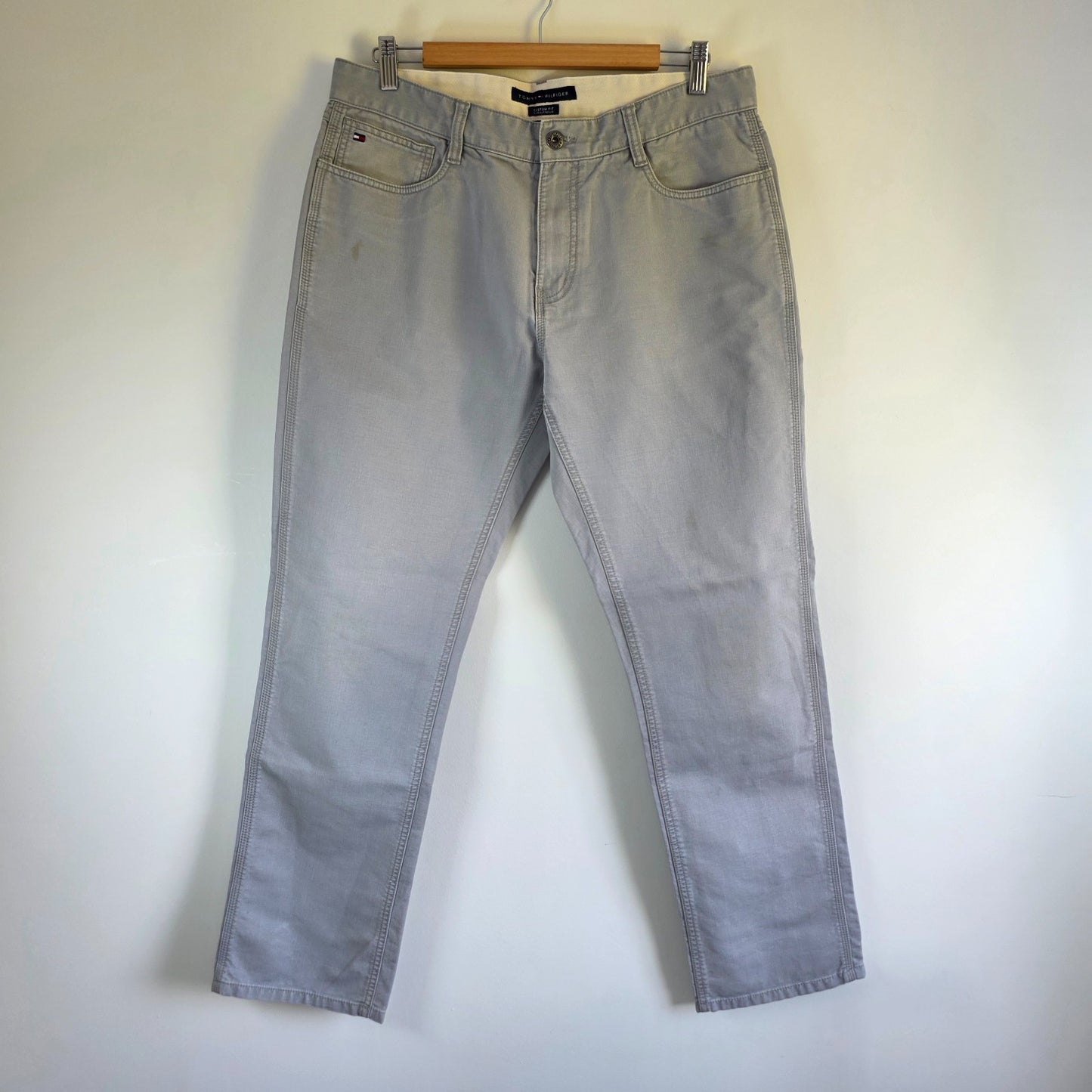 Tommy Hilfiger Custom Fit Chino Trousers W34 L30 Grey Straight Cotton Men's