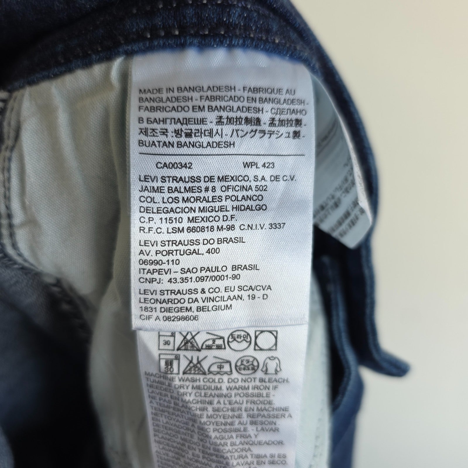 Levi's blue straight jeans with distressed details and classic 501 logo.