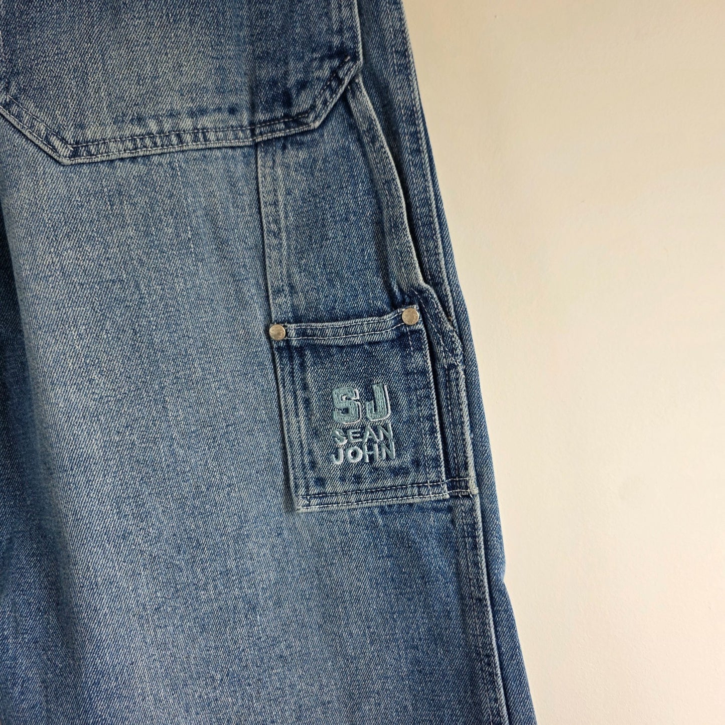 Sean John Long Denim Jorts W31 Blue Carpenter Shorts Y2K Hip Hop Baggy