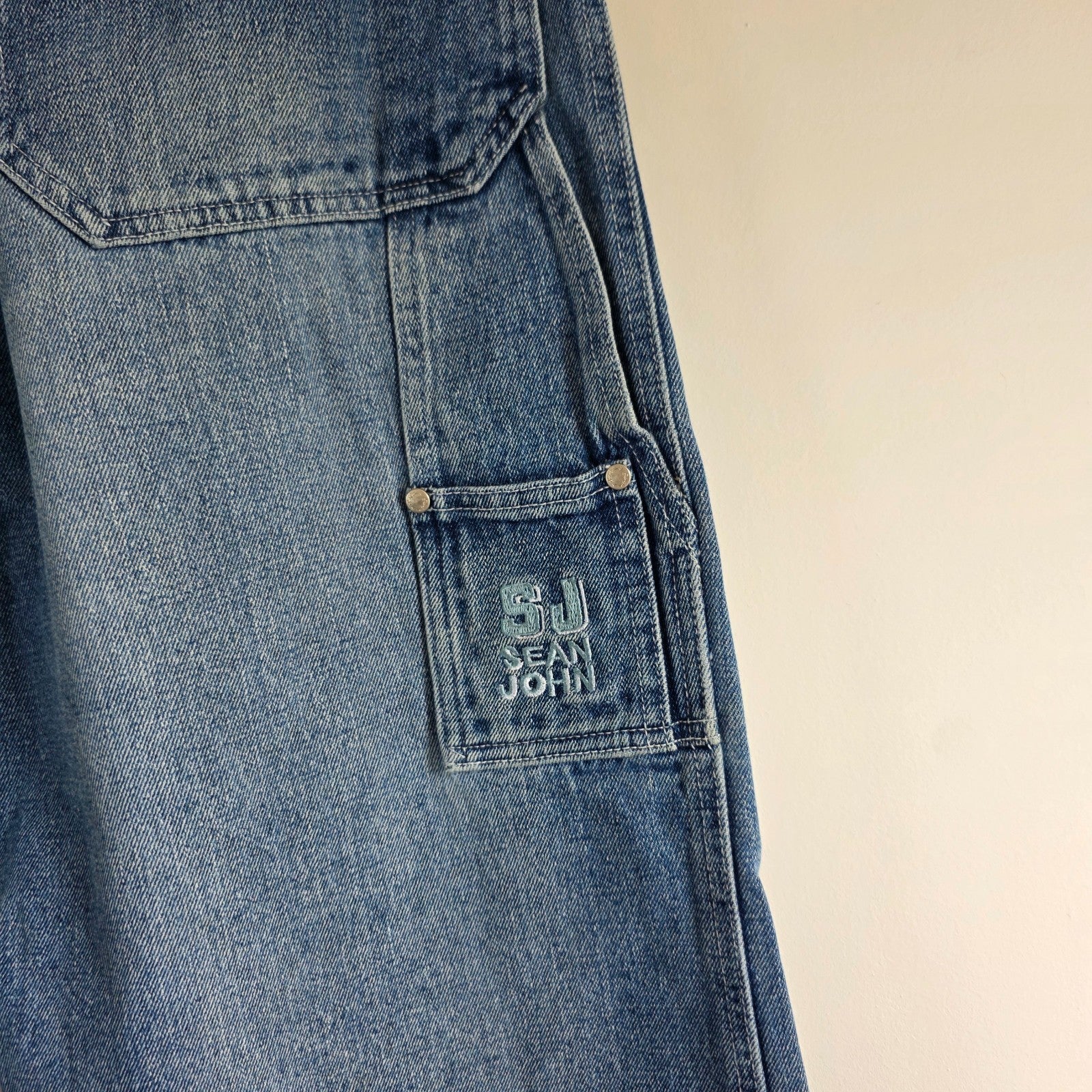 Sean John Long Denim Jorts W31 Blue Carpenter Shorts Y2K Hip Hop Baggy