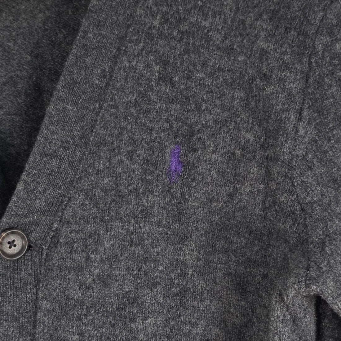 Polo Ralph Lauren grey cardigan 100% lambswool V-neck with purple embroidered pony logo.