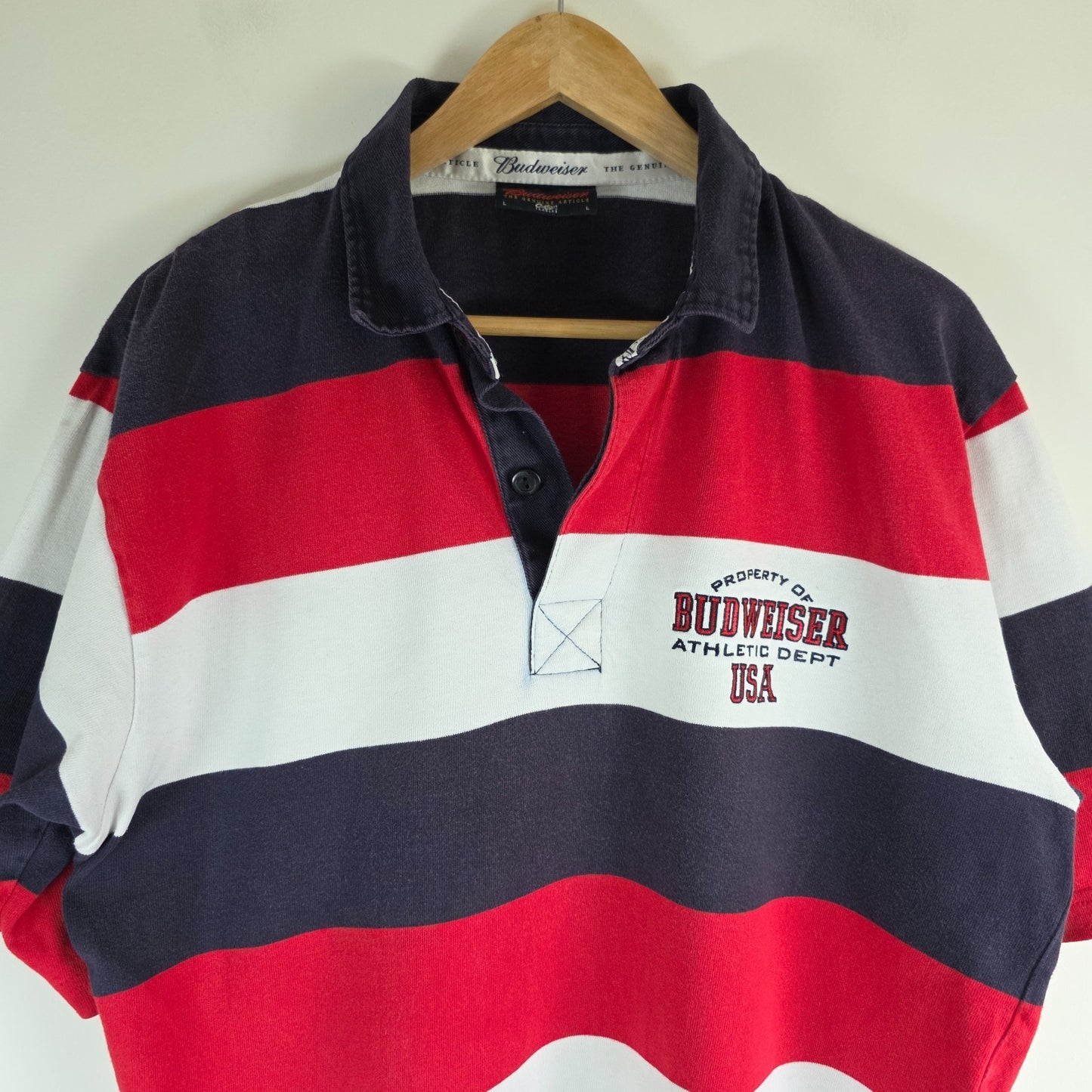 Budweiser blue striped rugby shirt with logo, 100% cotton, vintage style.