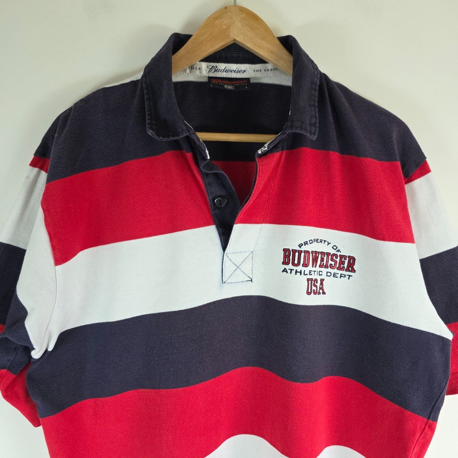 Budweiser blue striped rugby shirt with logo, 100% cotton, vintage style.
