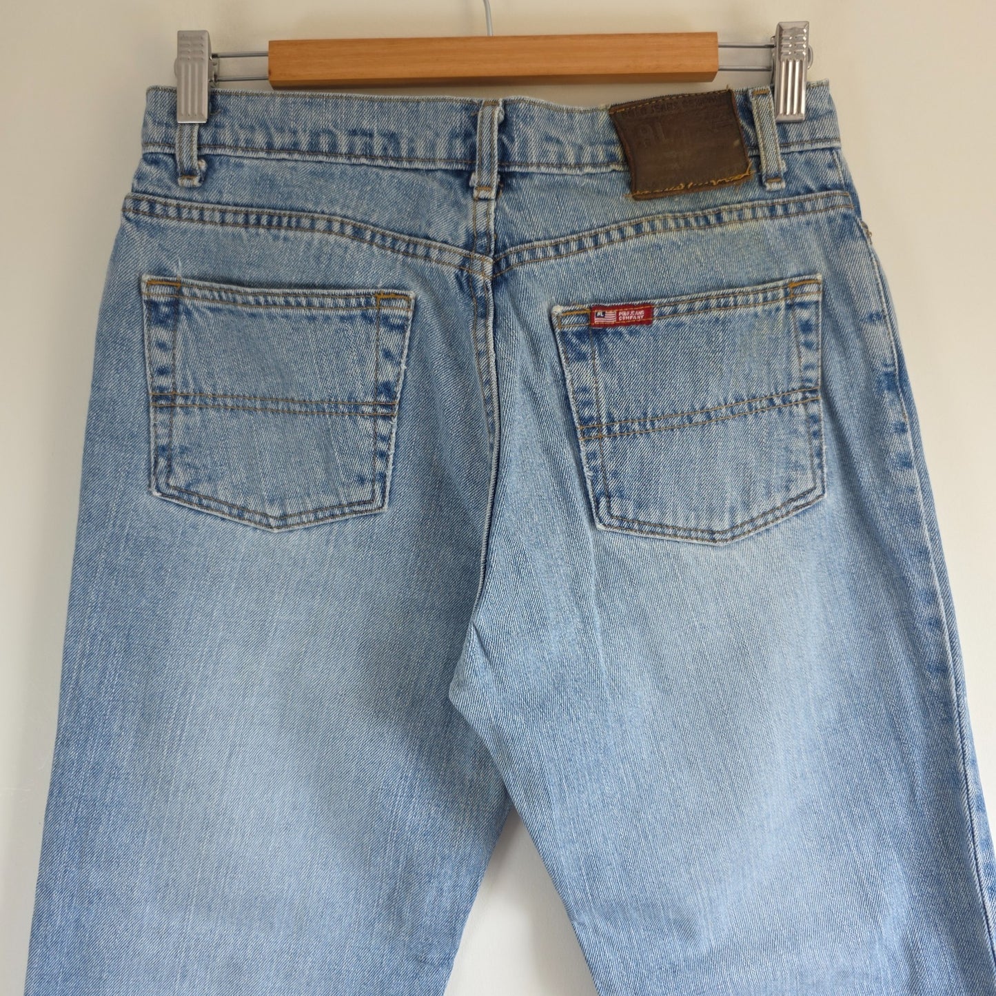 Ralph Lauren blue straight jeans 100% cotton with vintage Polo logo and light fading.