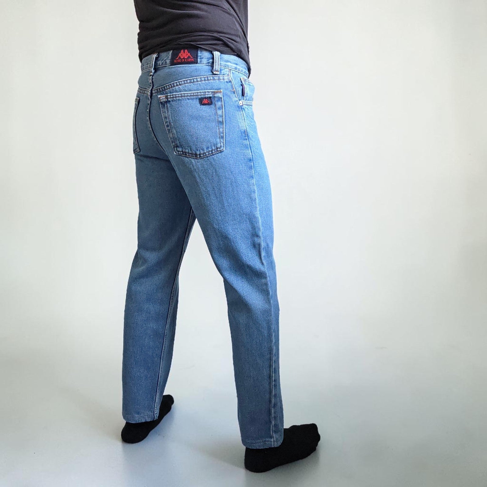Robe Di Kappa blue straight jeans with vintage wash and subtle logo detail.