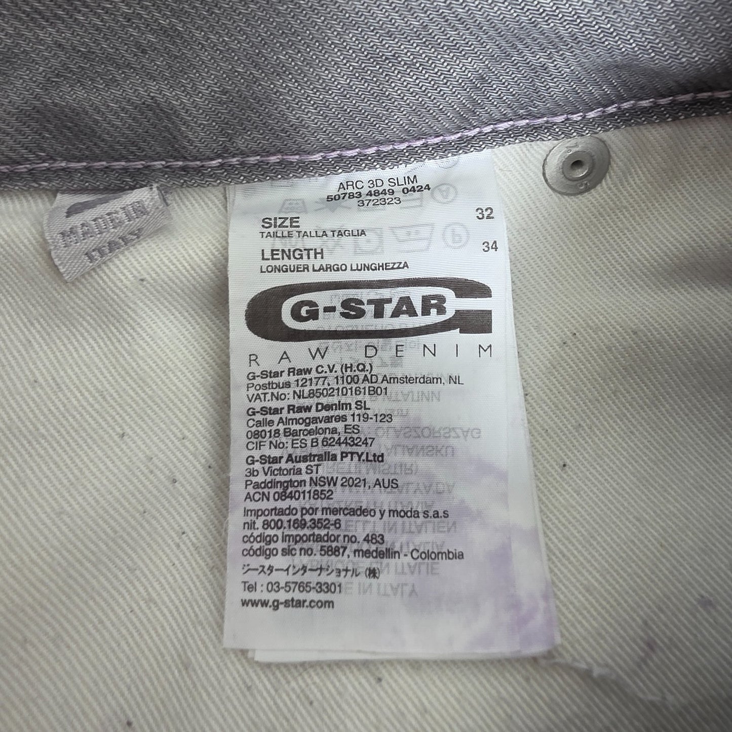 G-Star grey straight jeans with biker style detailing and subtle wear at the hem.