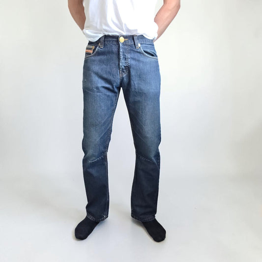 Superdry blue straight jeans with button fly, vintage raw denim, light wear.