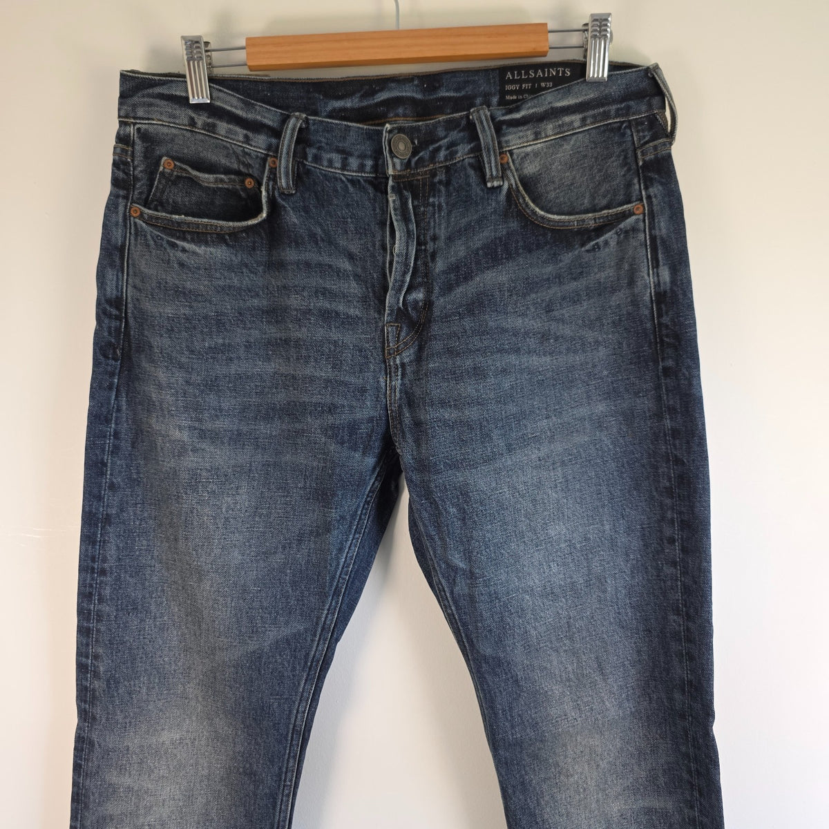 AllSaints blue straight jeans faded wash five-pocket styling 100% cotton