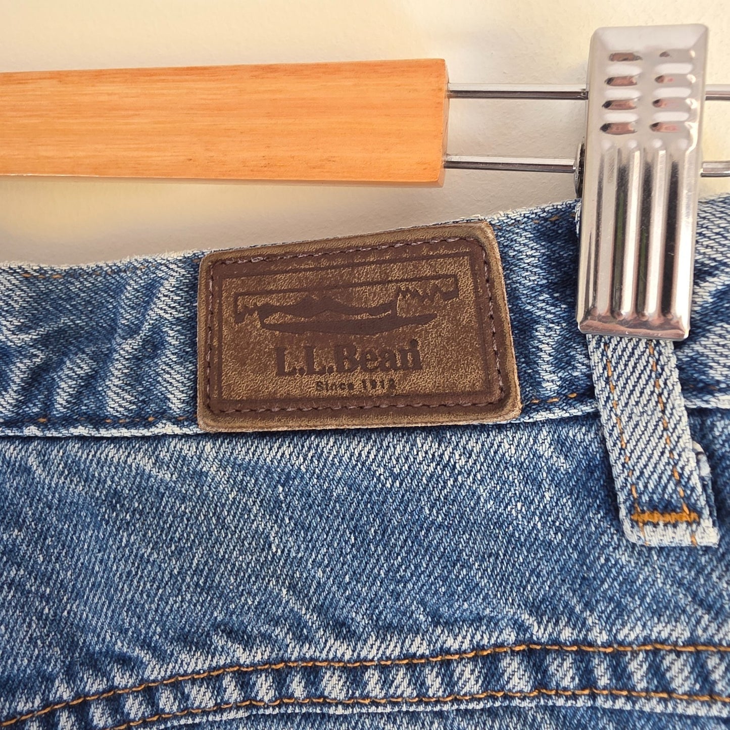 L.L.Bean blue straight jeans with fleece lining and relaxed high rise fit.