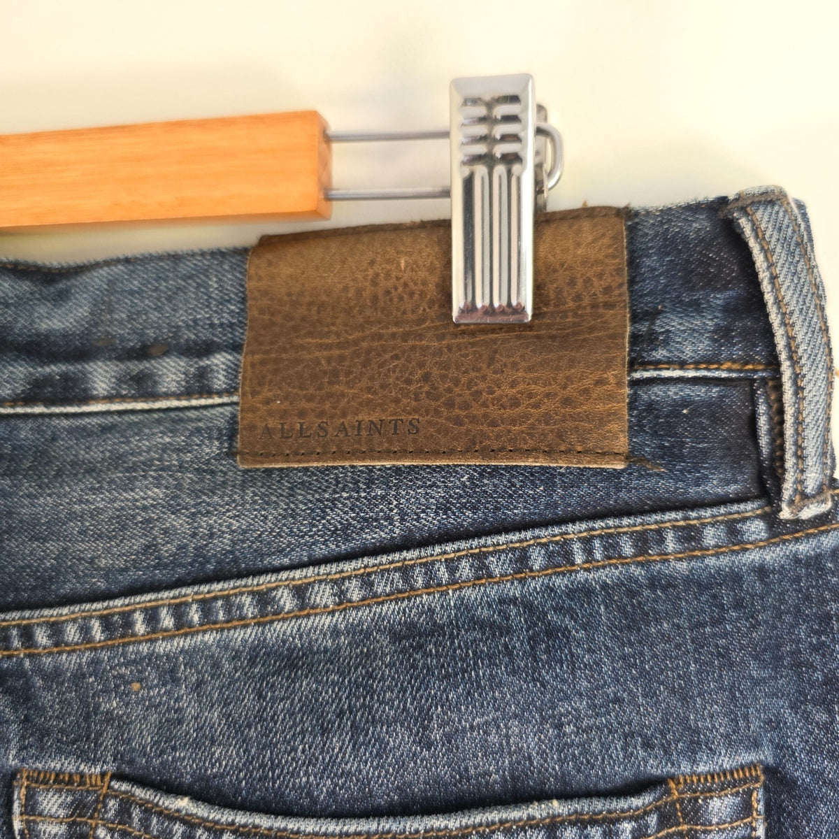 AllSaints blue straight jeans faded wash five-pocket styling 100% cotton
