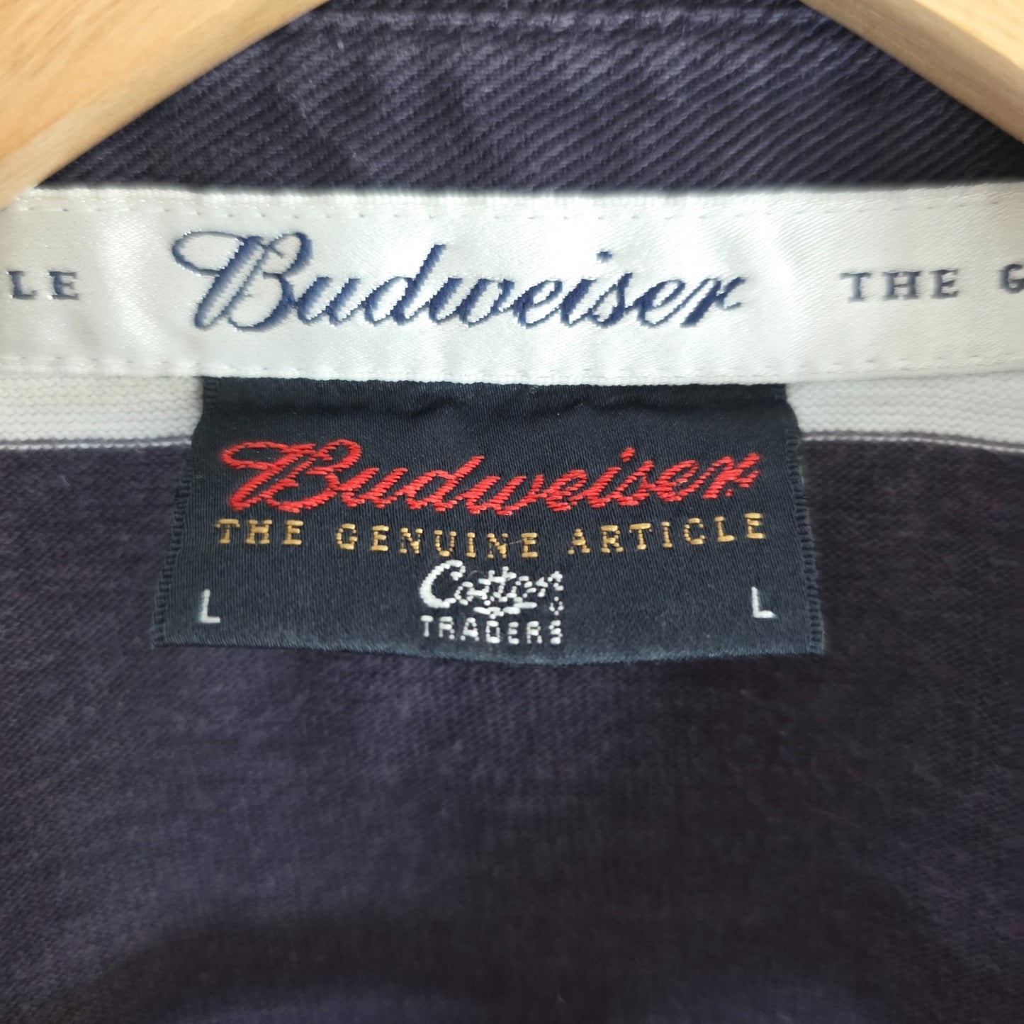 Budweiser blue striped rugby shirt with logo, 100% cotton, vintage style.