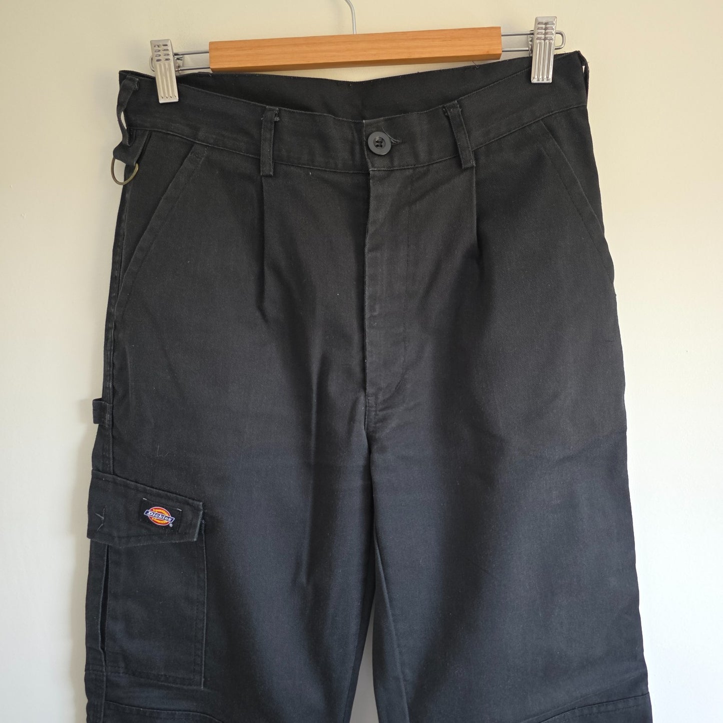Dickies black cargo trousers with double knee panels and hammer loop detail.