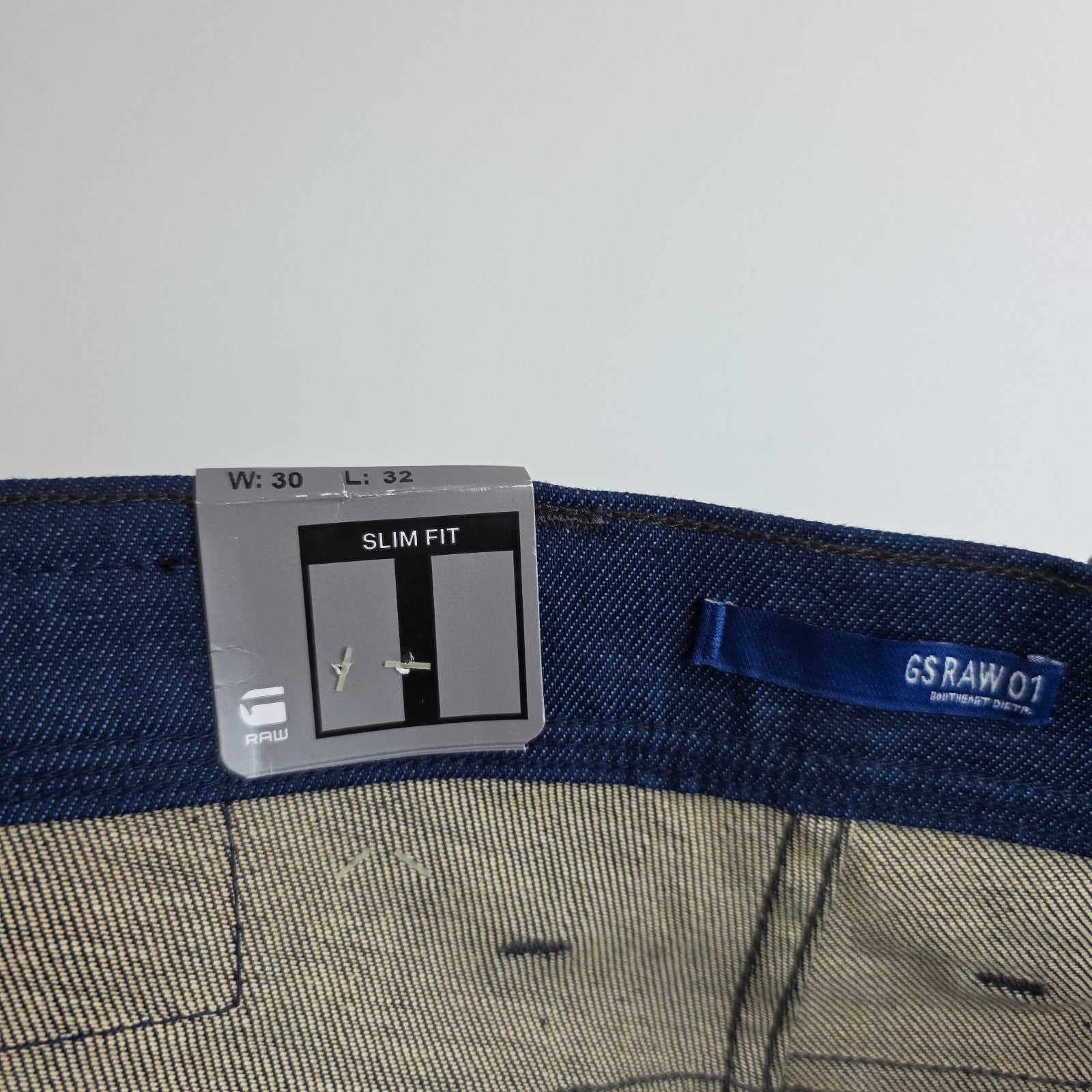 G-Star blue straight jeans with button fly and BNWT tag, cotton elastane blend.