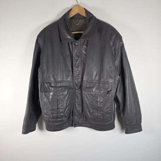 St Michael grey leather bomber jacket with utility pockets and elasticated waistband.