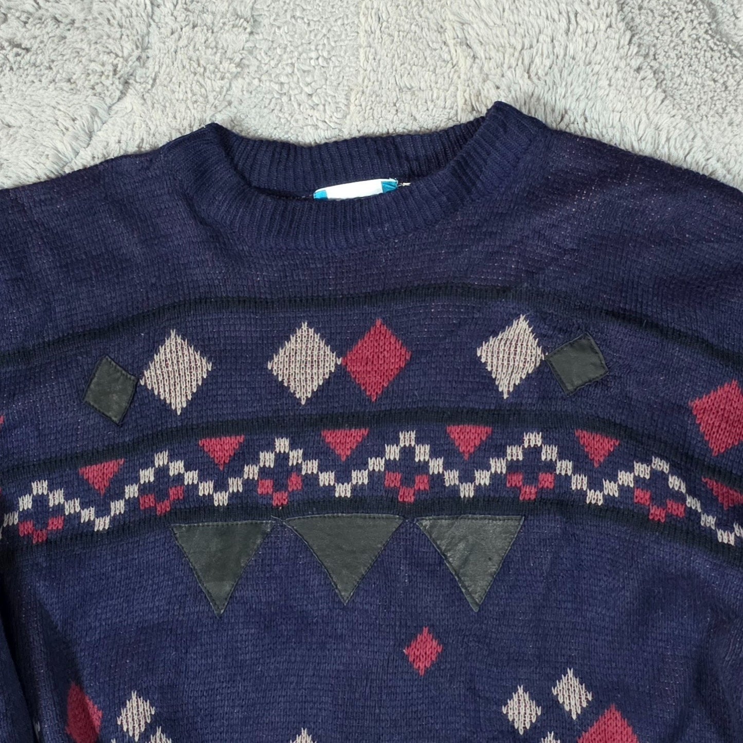 Vintage Gitano Men’s Patterned Knit Sweater XL Navy Retro 90s Pullover