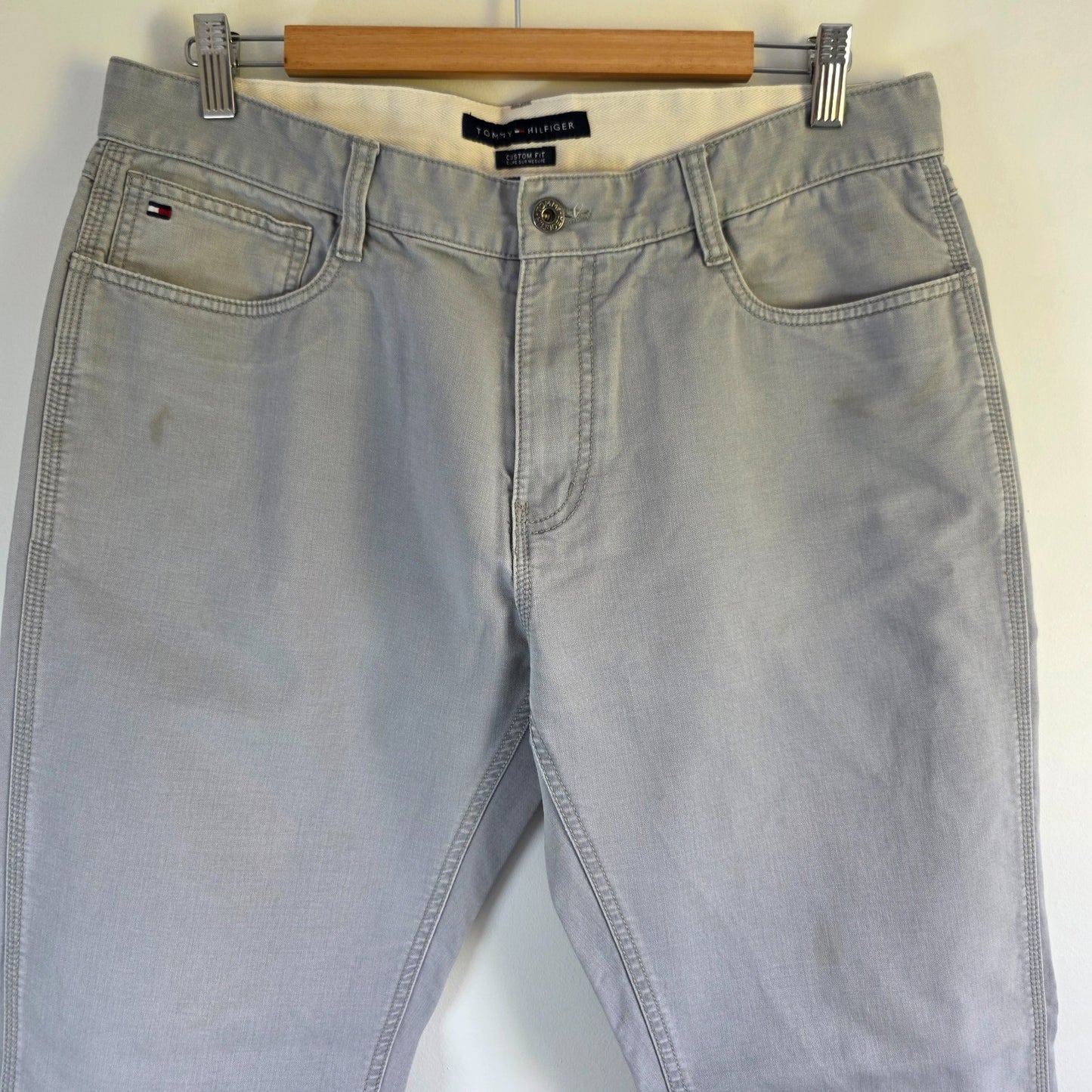 Tommy Hilfiger Custom Fit Chino Trousers W34 L30 Grey Straight Cotton Men's