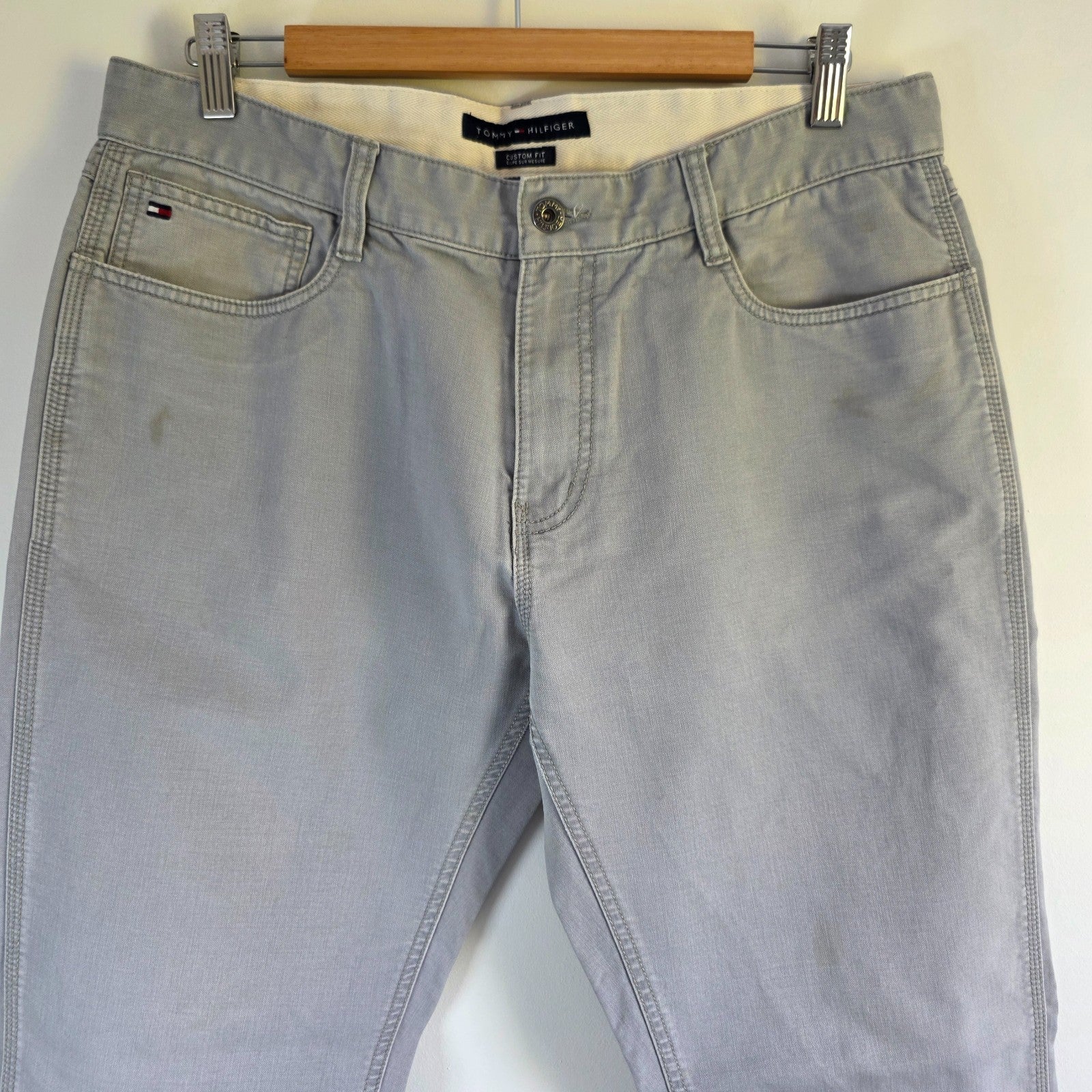 Tommy Hilfiger Custom Fit Chino Trousers W34 L30 Grey Straight Cotton Men's
