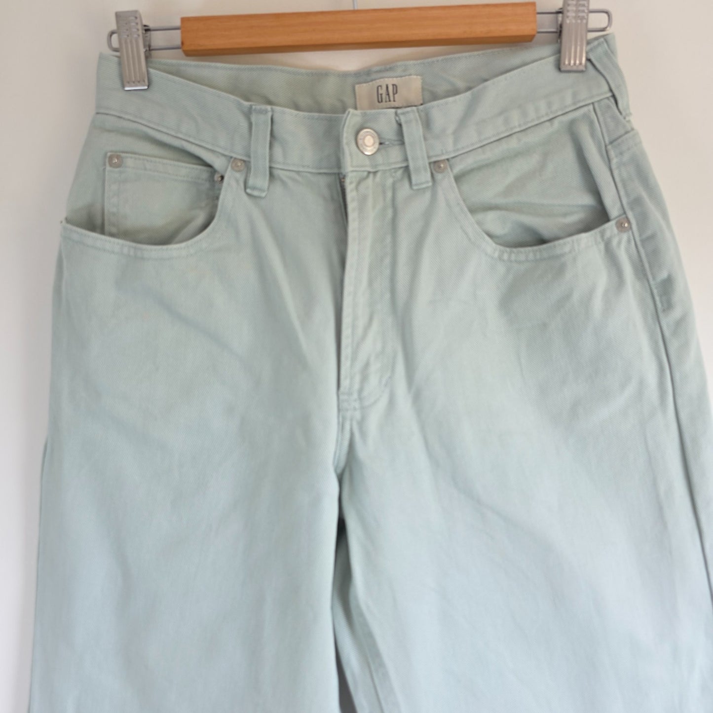Gap pale mint green straight leg jeans with high rise and 100% cotton material.
