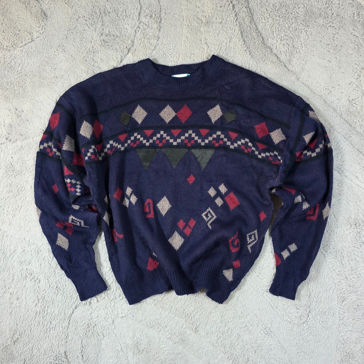 Vintage Gitano Men’s Patterned Knit Sweater XL Navy Retro 90s Pullover