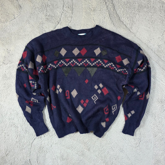 Vintage Gitano Men’s Patterned Knit Sweater XL Navy Retro 90s Pullover