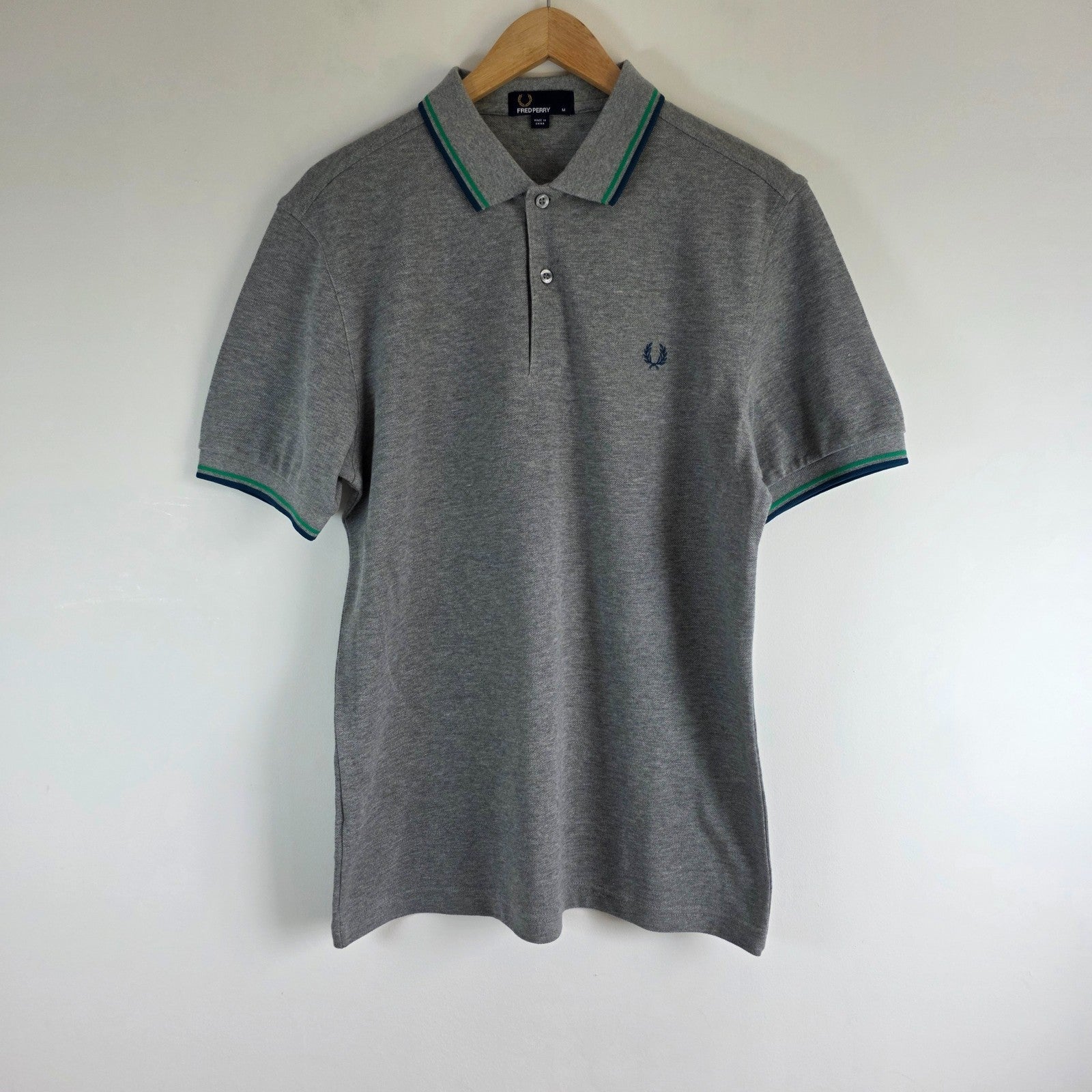 Fred Perry Twin Tipped Polo Shirt Grey Medium Cotton Mod Preppy Casual Logo Top