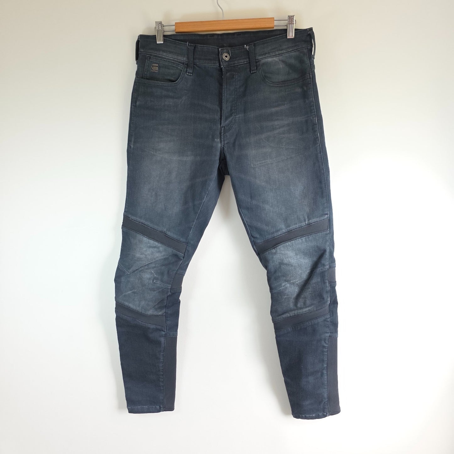 G-Star blue stretch denim slim jeans with biker detailing and logo patch.