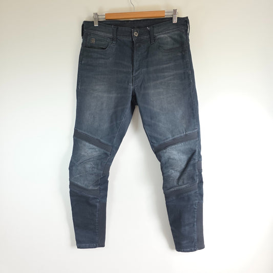 G-Star blue stretch denim slim jeans with biker detailing and logo patch.
